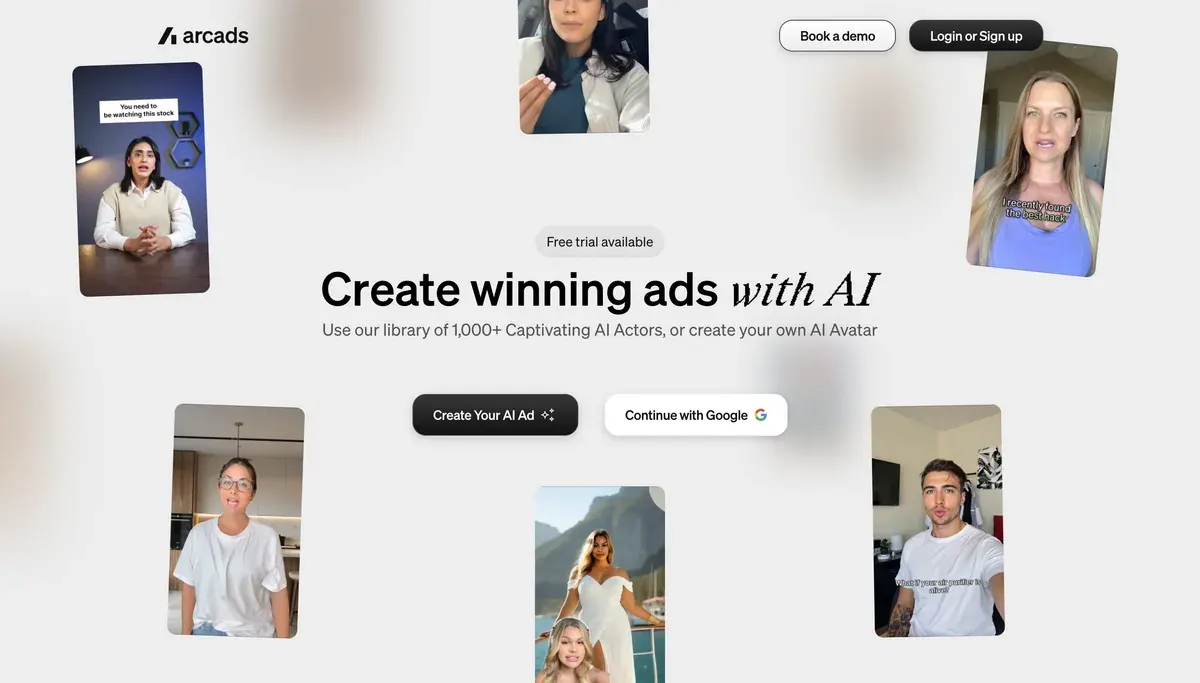 Página de inicio de Arcads: la frase “Use our library of 1,000+ Captivating AI Actors, or create your own AI Avatar” con fotogramas de video en vertical de actores alrededor