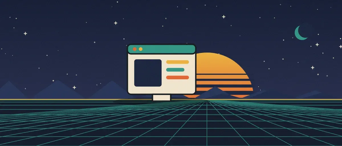 Ilustración retrofuturista: un atardecer a rayas sobre un horizonte de cuadrícula verde azulado bajo un cielo nocturno estrellado, con la ventana de una aplicación en el horizonte.