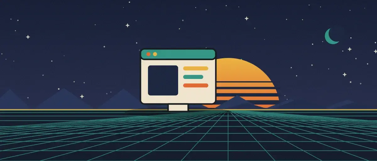 Ilustración retrofuturista: un atardecer a rayas sobre un horizonte de cuadrícula verde azulado bajo un cielo nocturno estrellado, con la ventana de una aplicación en el horizonte.
