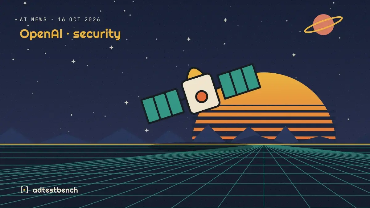 Retro-futurist illustration: a striped sunset over a grid horizon under a starry sky, with a satellite motif standing on the horizon.