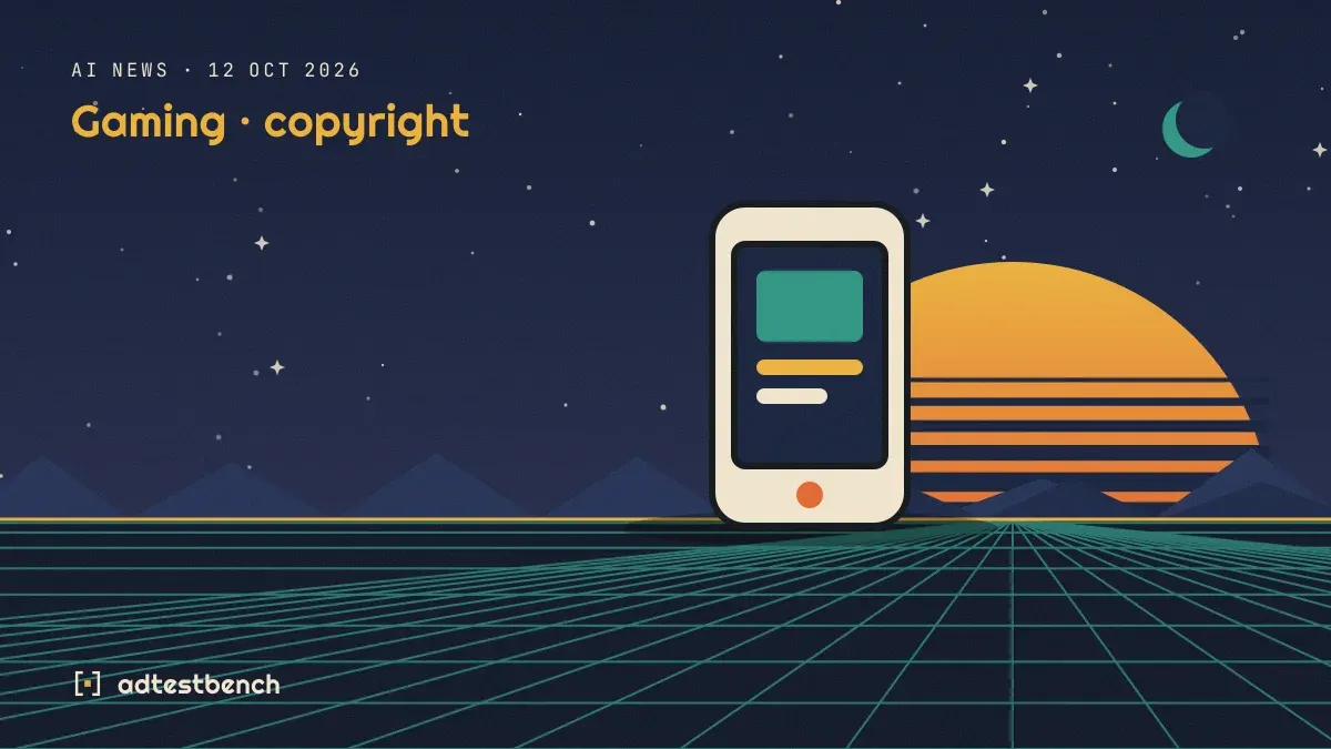 Retro-futurist illustration: a striped sunset over a grid horizon under a starry sky, with a handheld screen standing on the horizon.