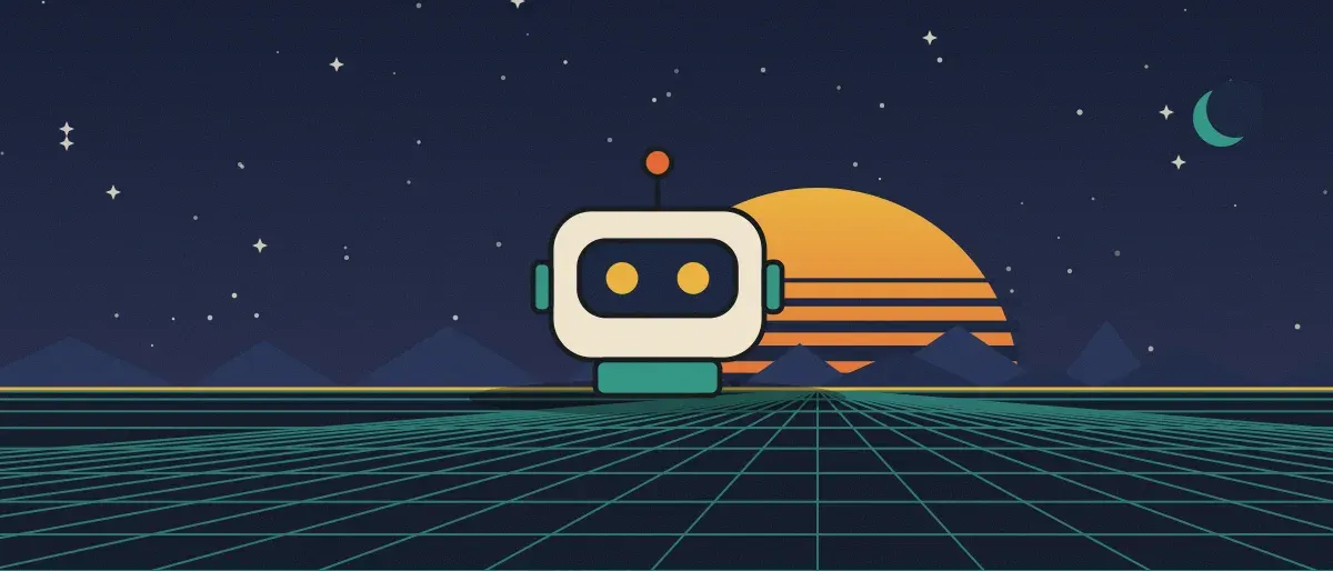 Ilustración retrofuturista: un atardecer a rayas sobre un horizonte de cuadrícula verde azulado bajo un cielo nocturno estrellado, con un robot cuadrado de pie en el horizonte.