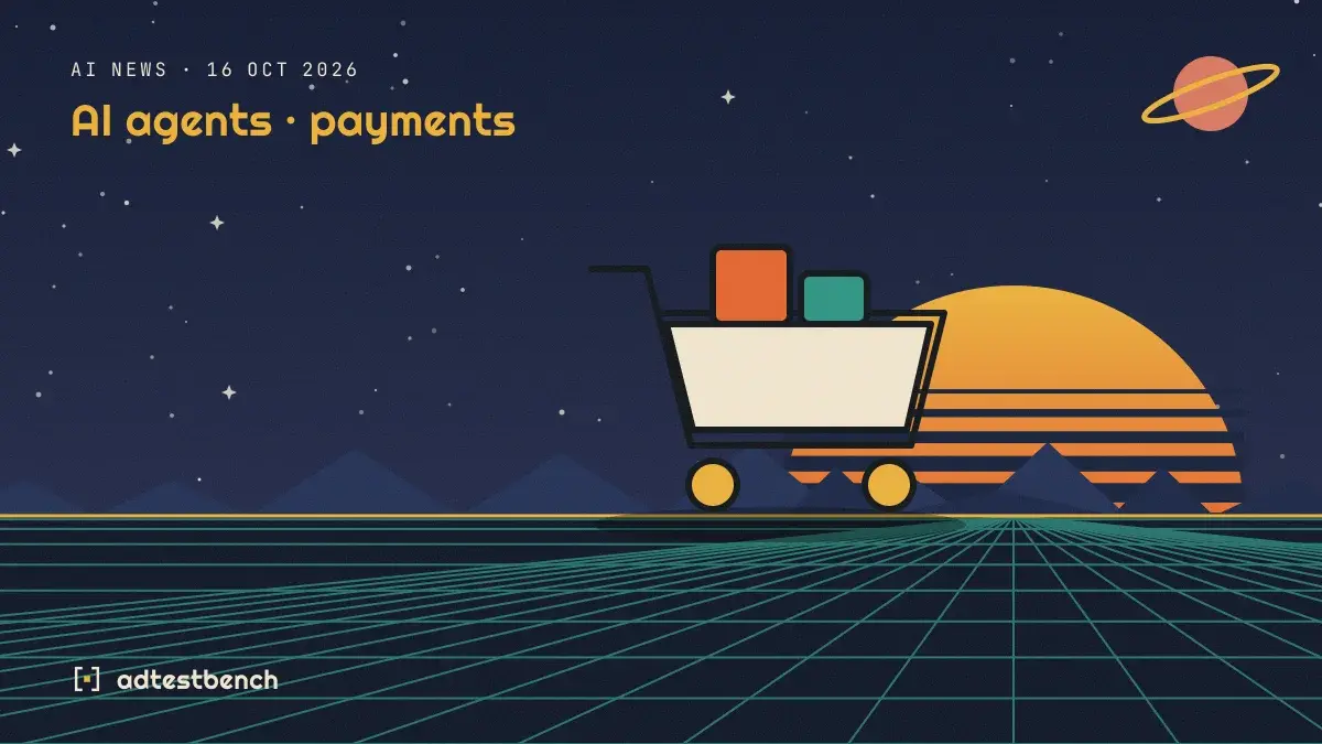 Retro-futurist illustration: a striped sunset over a grid horizon under a starry sky, with a cart motif standing on the horizon.