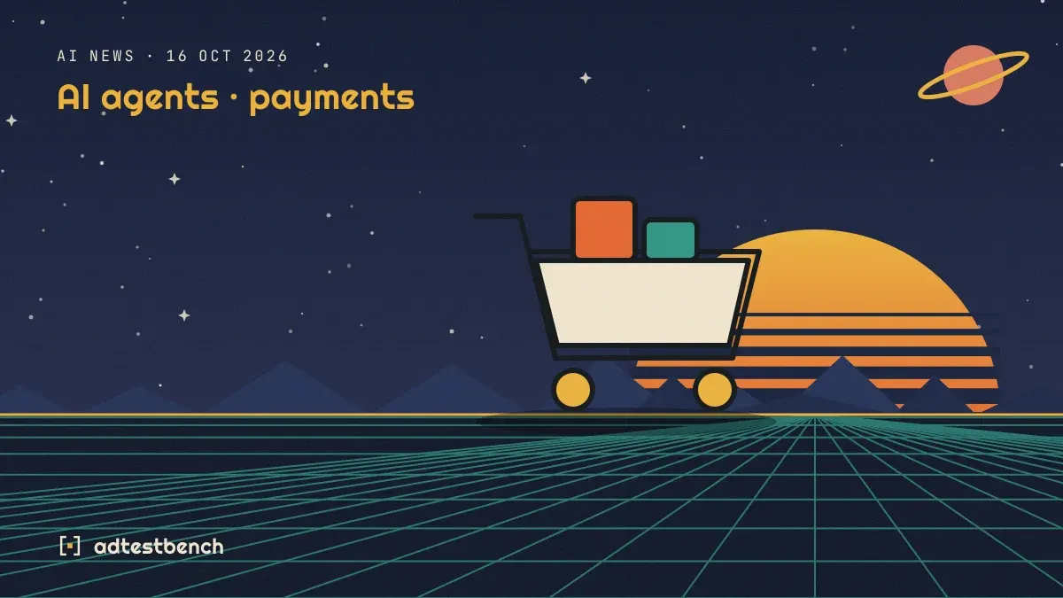 Retro-futurist illustration: a striped sunset over a grid horizon under a starry sky, with a cart motif standing on the horizon.