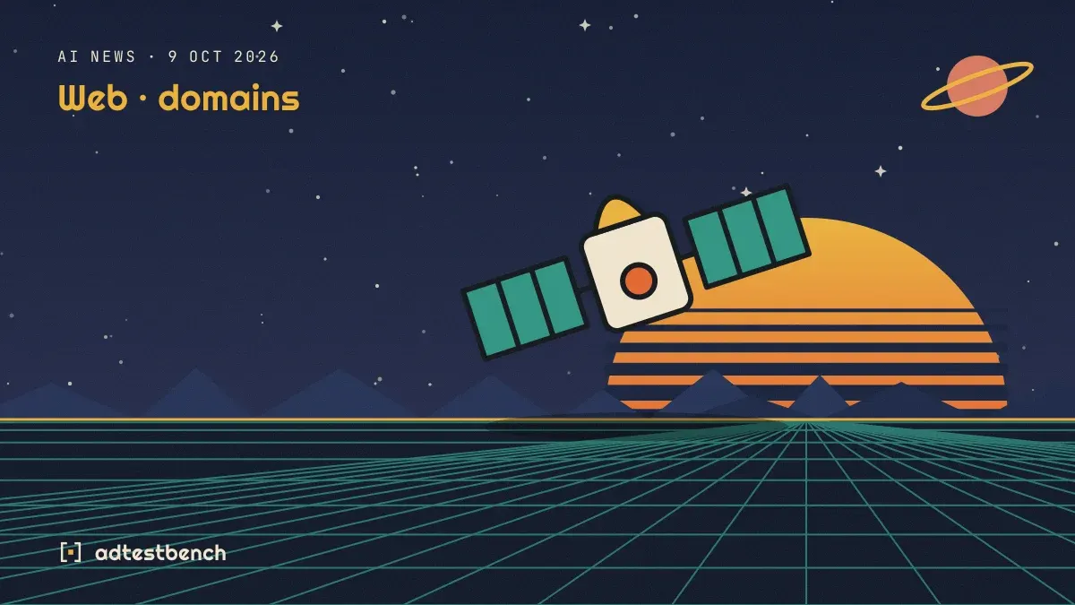 Retro-futurist illustration: a striped sunset over a grid horizon under a starry sky, with a satellite standing on the horizon.