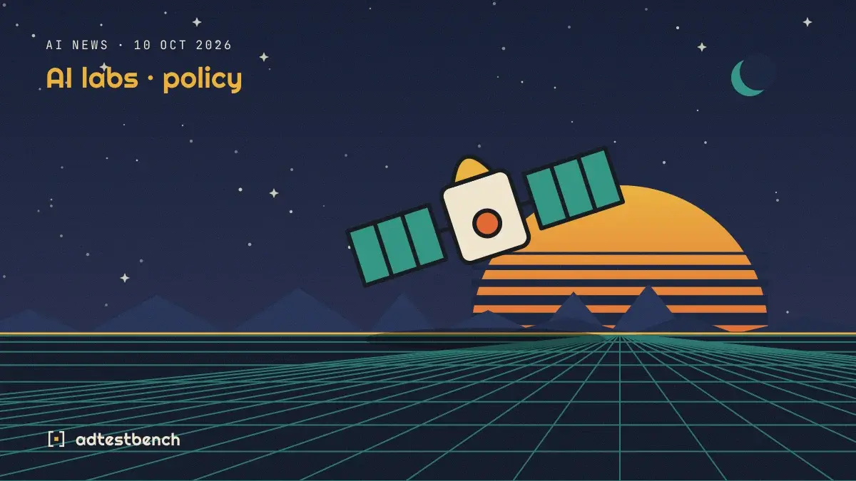 Retro-futurist illustration: a striped sunset over a grid horizon under a starry sky, with a satellite standing on the horizon.