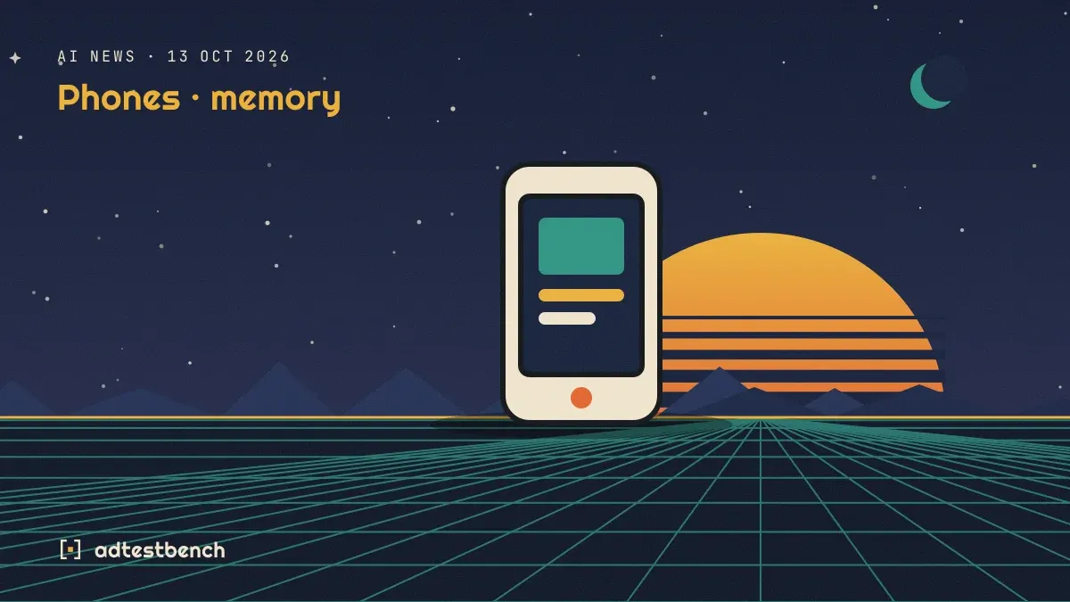 Retro-futurist illustration: a striped sunset over a grid horizon under a starry sky, with a phone motif standing on the horizon.