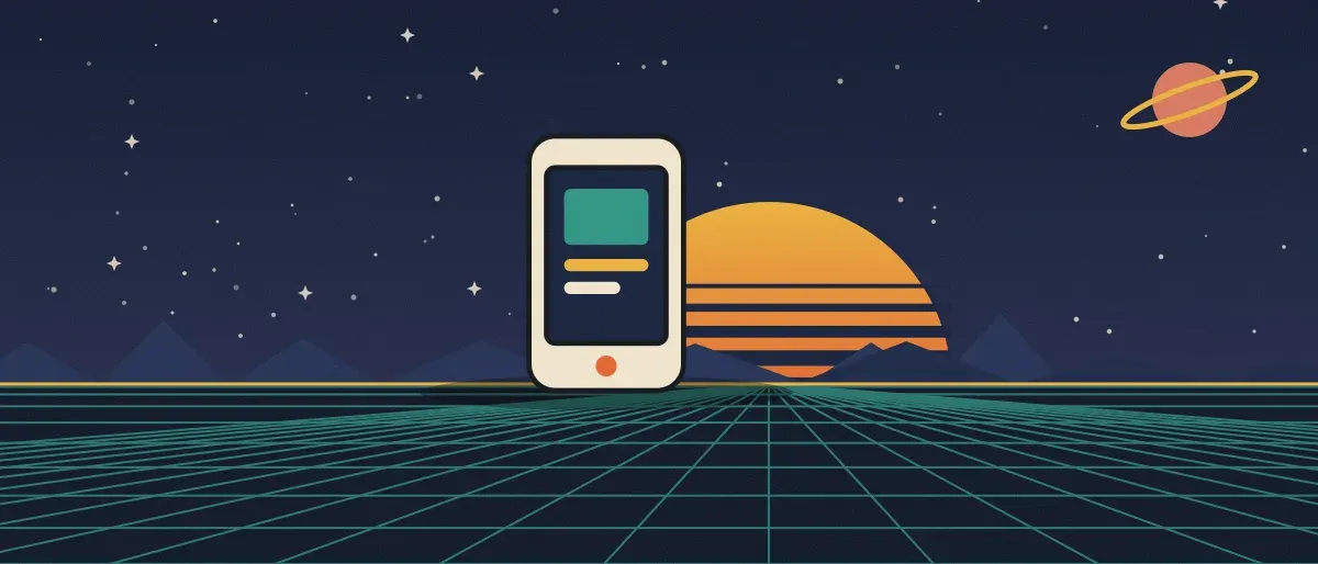 Ilustración retrofuturista: un atardecer a rayas sobre un horizonte de cuadrícula verde azulado bajo un cielo nocturno estrellado, con un teléfono de pie en el horizonte.