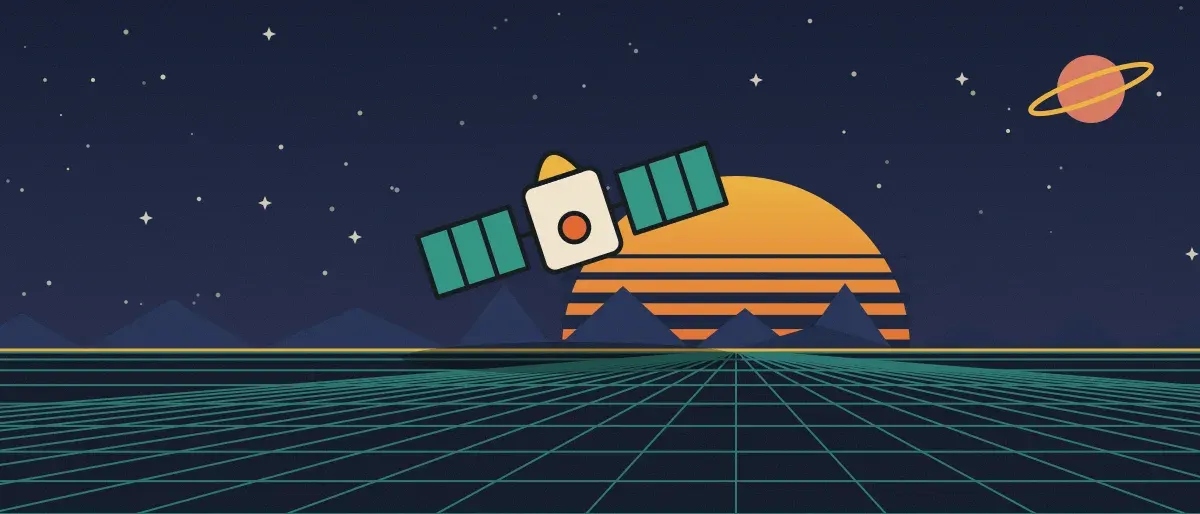 Ilustración retrofuturista: un atardecer a rayas sobre un horizonte de cuadrícula turquesa bajo un cielo nocturno estrellado, con un satélite sobre el horizonte.