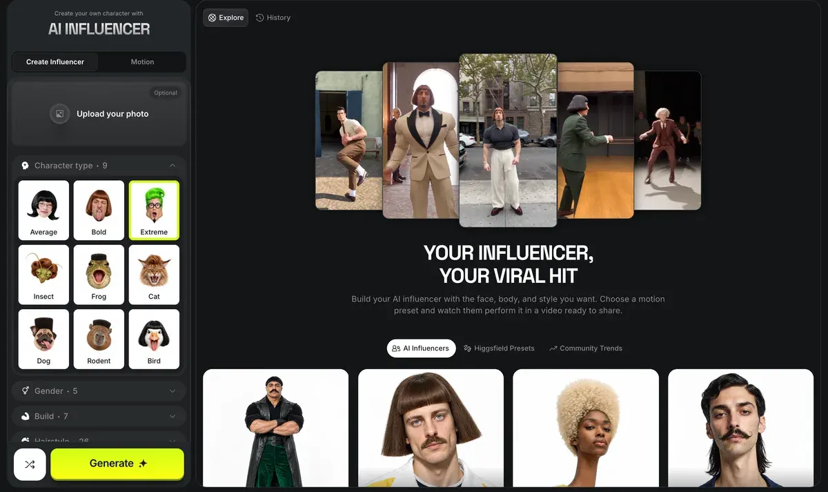 Higgsfield's AI Influencer Studio: a left panel with a photo upload, character type tiles from Average to Bird, and folded menus for gender, build and hairstyle beside a gallery of generated influencers