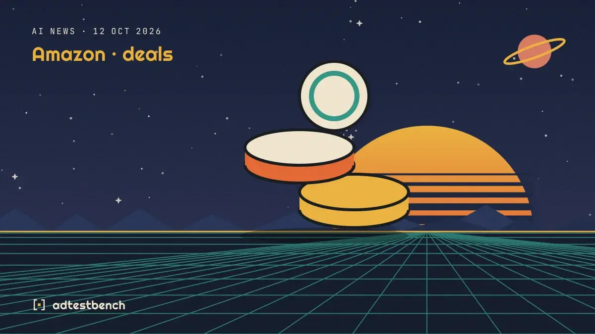 Retro-futurist illustration: a striped sunset over a grid horizon under a starry sky, with a gold coin standing on the horizon.