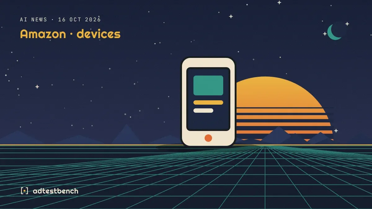 Retro-futurist illustration: a striped sunset over a grid horizon under a starry sky, with a phone motif standing on the horizon.