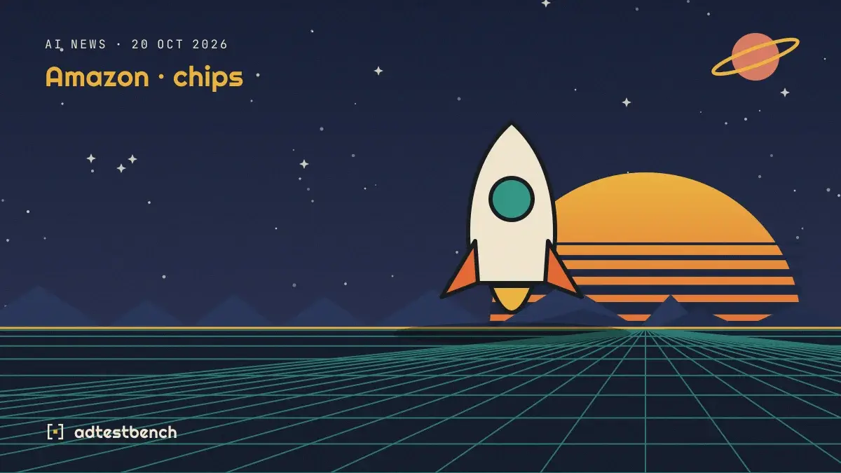 Retro-futurist illustration: a striped sunset over a grid horizon under a starry sky, with a rocket motif standing on the horizon.