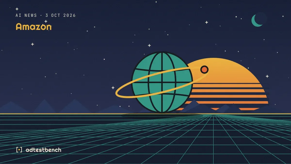 Retro-futurist illustration: a striped sunset over a grid horizon under a starry sky, with a globe standing on the horizon.