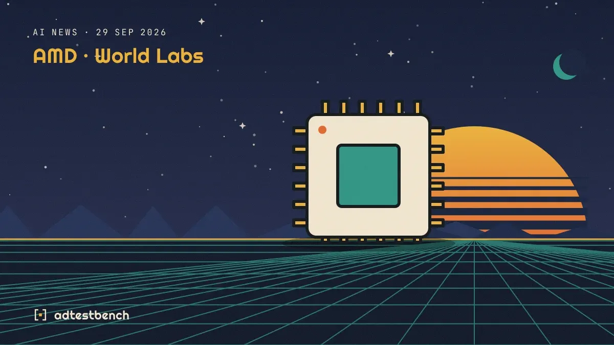 Retro-futurist illustration: a striped sunset over a grid horizon under a starry sky, with a microchip standing on the horizon.