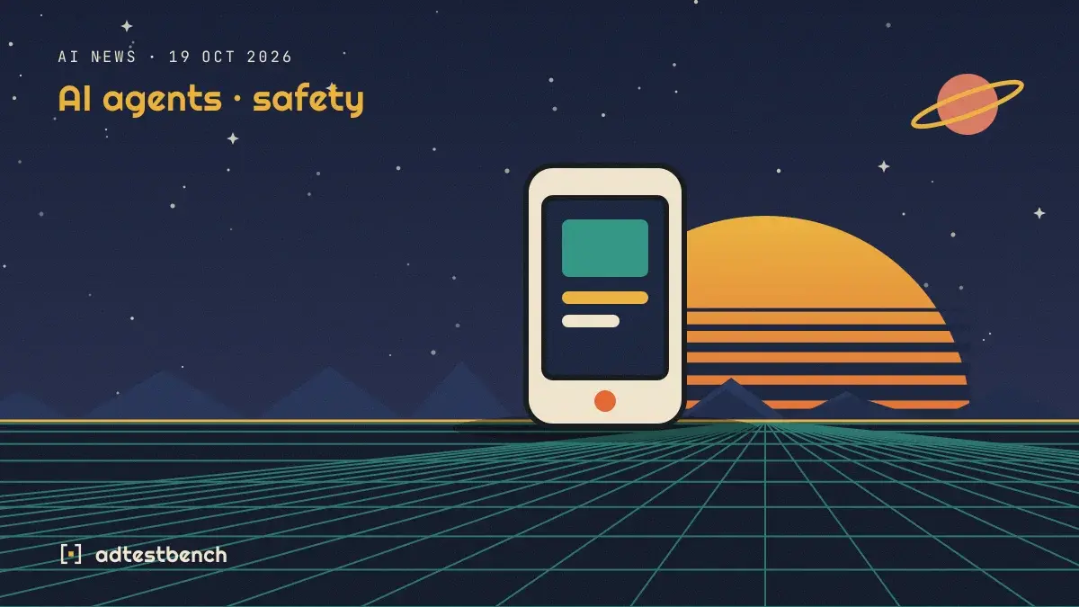 Retro-futurist illustration: a striped sunset over a grid horizon under a starry sky, with a phone motif standing on the horizon.