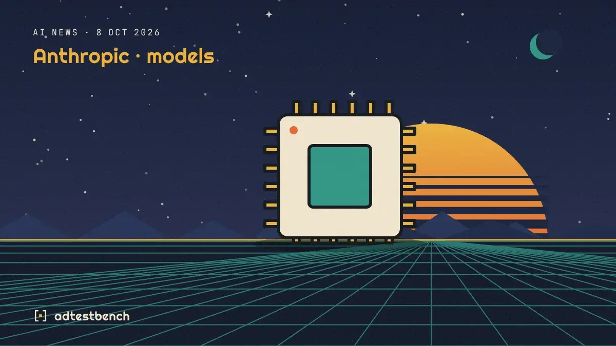 Retro-futurist illustration: a striped sunset over a grid horizon under a starry sky, with a microchip standing on the horizon.