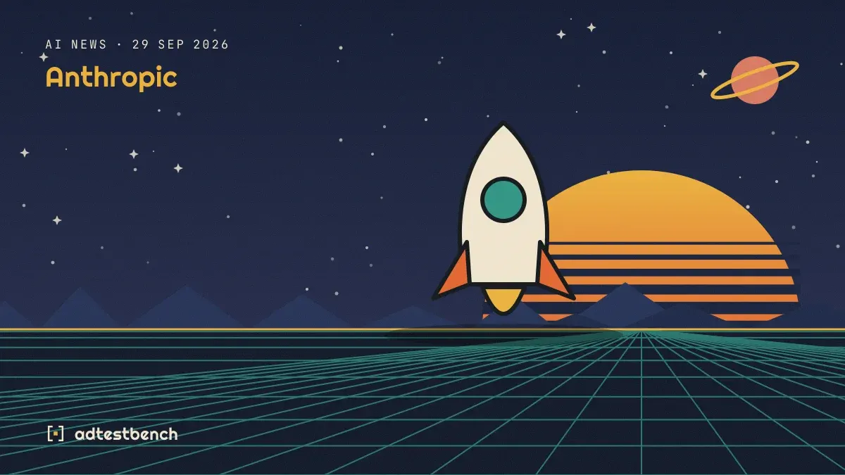 Retro-futurist illustration: a striped sunset over a grid horizon under a starry sky, with a rocket standing on the horizon.