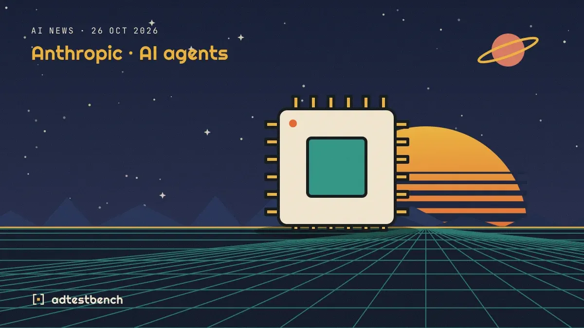 Retro-futurist illustration: a striped sunset over a grid horizon under a starry sky, with a microchip standing on the horizon.