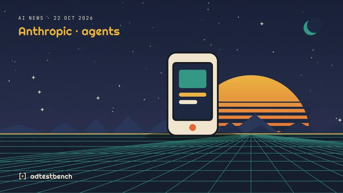 Retro-futurist illustration: a striped sunset over a grid horizon under a starry sky, with a smartphone showing an app standing on the horizon.