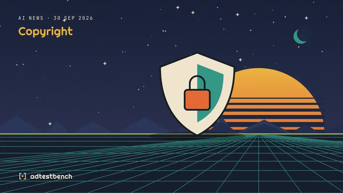 Retro-futurist illustration: a striped sunset over a grid horizon under a starry sky, with a shield standing on the horizon.