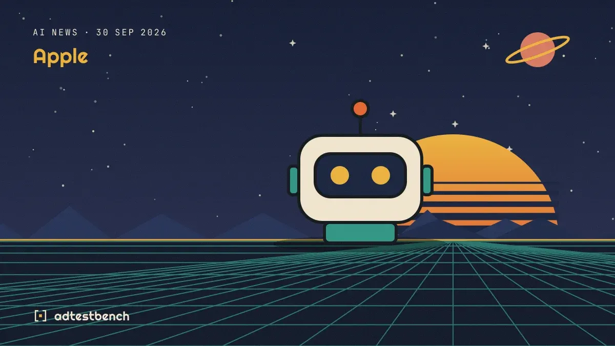 Retro-futurist illustration: a striped sunset over a grid horizon under a starry sky, with a robot standing on the horizon.