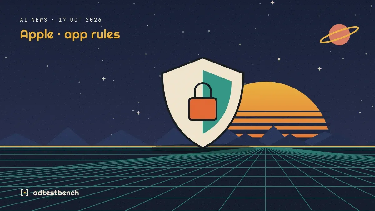 Retro-futurist illustration: a striped sunset over a grid horizon under a starry sky, with a shield motif standing on the horizon.