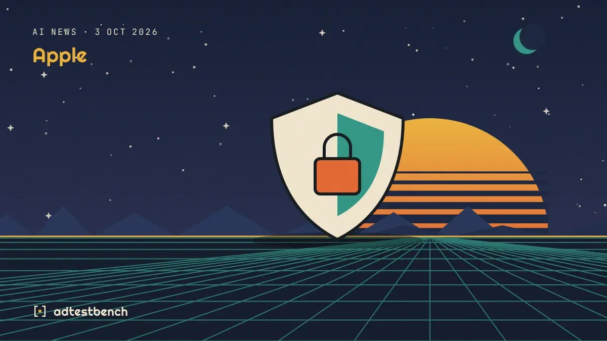 Retro-futurist illustration: a striped sunset over a grid horizon under a starry sky, with a shield standing on the horizon.