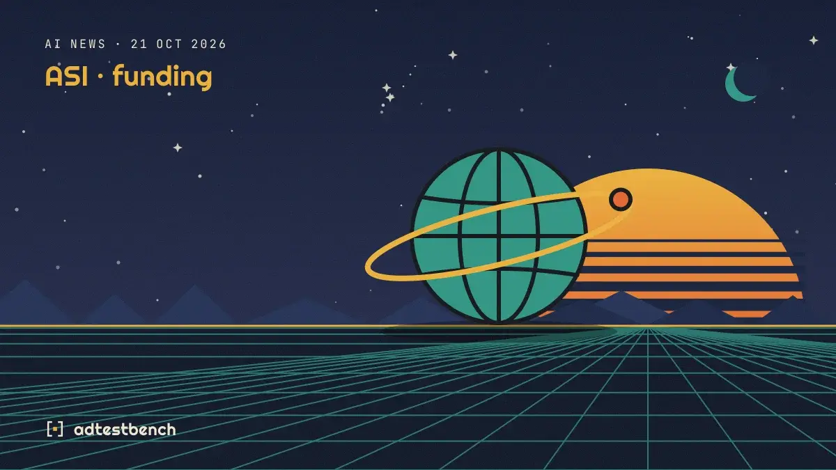 Retro-futurist illustration: a striped sunset over a grid horizon under a starry sky, with a globe motif standing on the horizon.