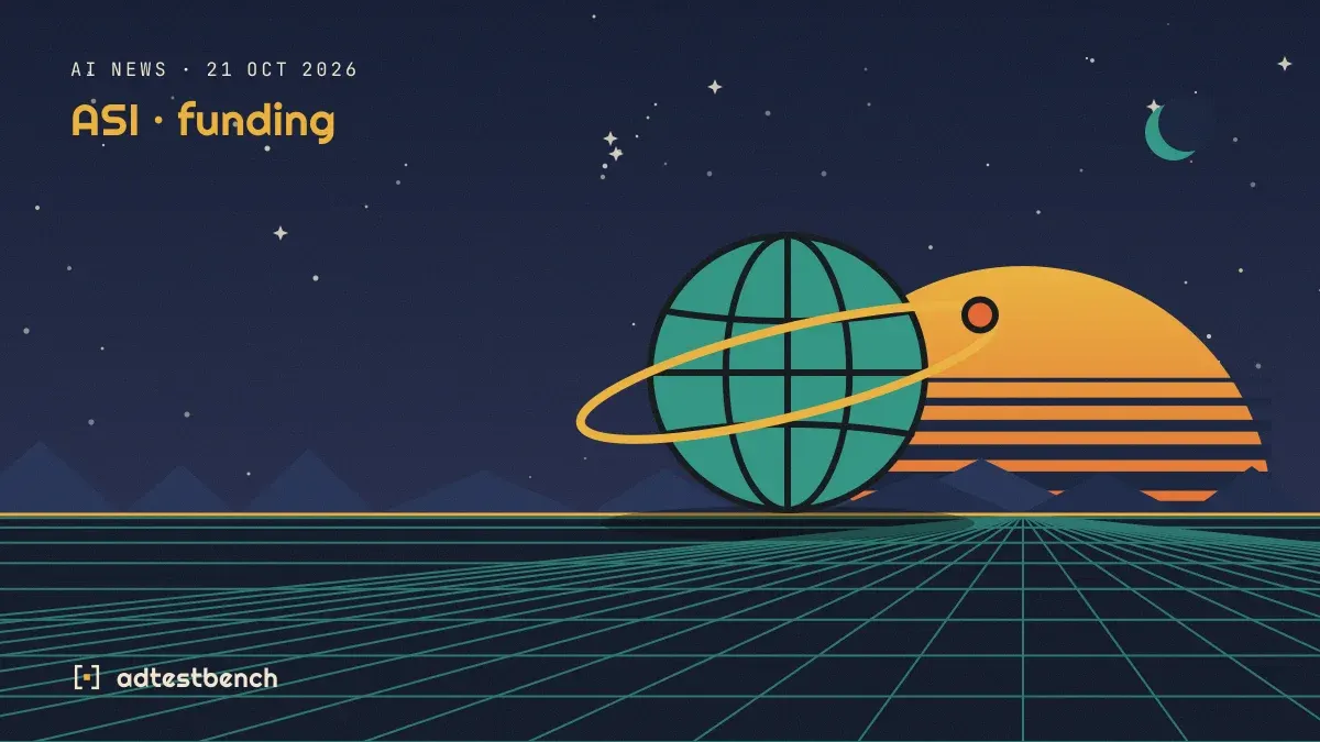 Retro-futurist illustration: a striped sunset over a grid horizon under a starry sky, with a globe motif standing on the horizon.