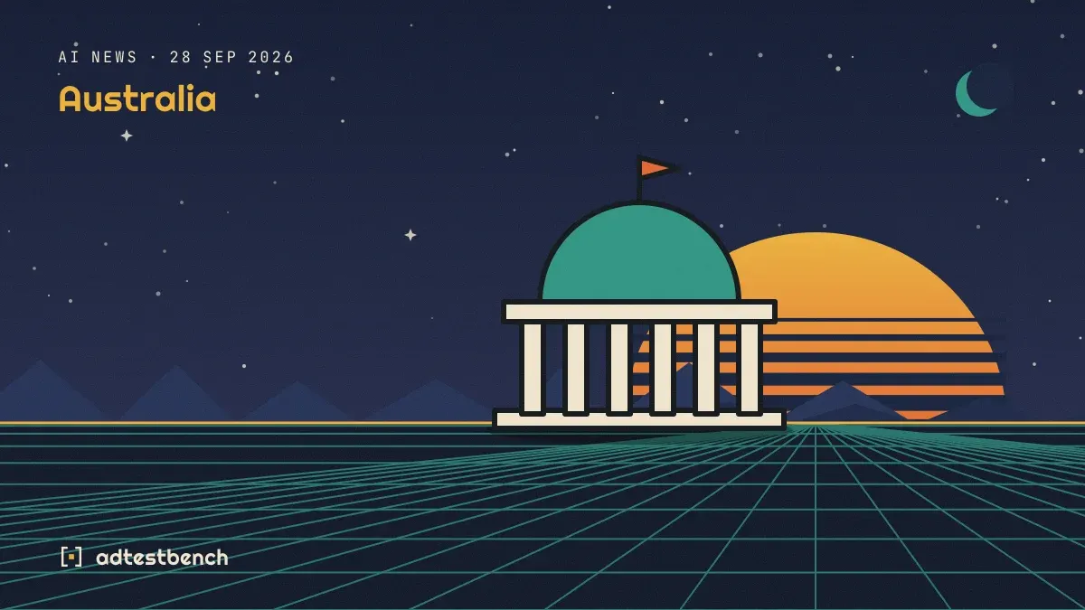 Retro-futurist illustration: a striped sunset over a grid horizon under a starry sky, with a parliament dome standing on the horizon.