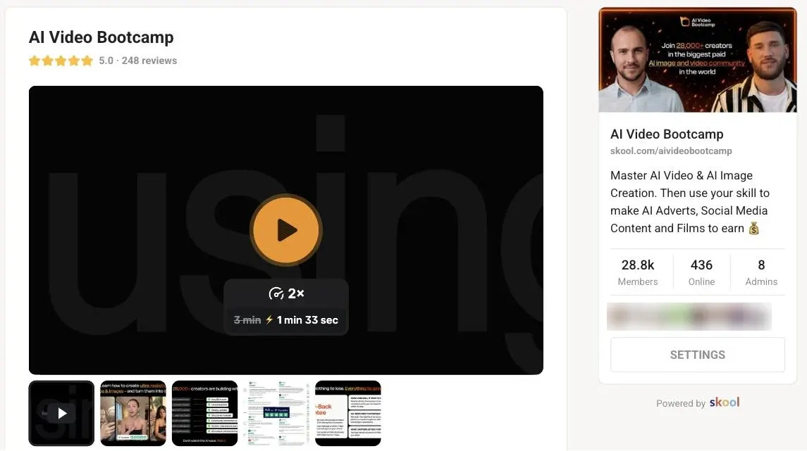 The AI Video Bootcamp about page on Skool: 5.0 from 248 reviews, 28.8k members, 436 online, 8 admins, and the tagline Master AI Video and AI Image Creation