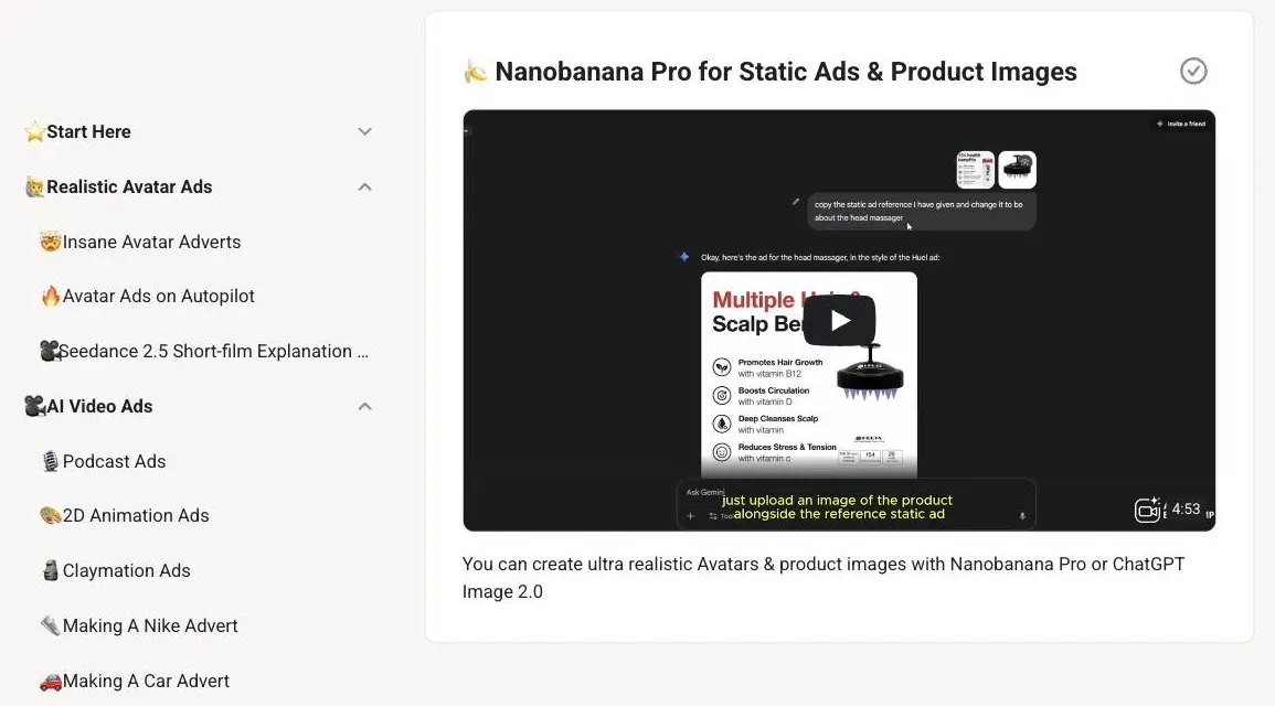 A Phase 5 lesson page: the lesson list (Insane Avatar Adverts, Avatar Ads on Autopilot, Seedance 2.5 short film, Podcast Ads, 2D Animation Ads, Claymation Ads, Making A Nike Advert, Making A Car Advert) beside the 4 min 53 s video Nanobanana Pro for Static Ads and Product Images