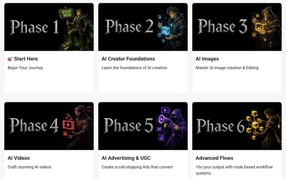 The AI Video Bootcamp classroom on Skool: six course cards, Phase 1 Start Here, Phase 2 AI Creator Foundations, Phase 3 AI Images, Phase 4 AI Videos, Phase 5 AI Advertising and UGC, Phase 6 Advanced Flows