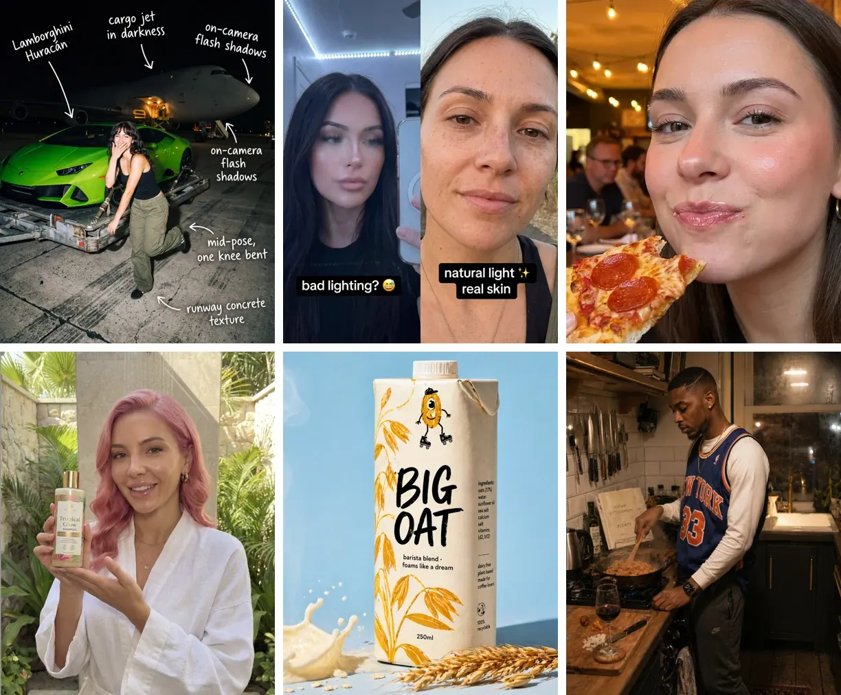 Six images from the course lessons: an annotated night shot of a woman by a green sports car and a cargo jet, a bad-lighting versus natural-light skin comparison, a selfie with a slice of pizza, a woman holding a shampoo bottle, a Big Oat milk carton product shot, and a man cooking in a kitchen