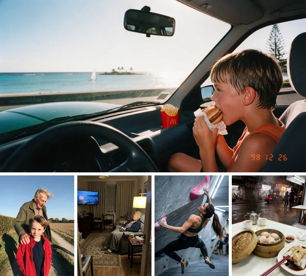 Five AI images: a boy in a 1998 film snapshot biting a burger in a car parked on the Bora Bora seafront, date stamp 98 12 26; an old man with his hand on a boy's shoulder on a farm track; a woman of about ninety asleep in a recliner in a lamplit living room; a climber hanging from a pink hold on an overhanging gym wall; dim sum steamers on a table at a street shop at night