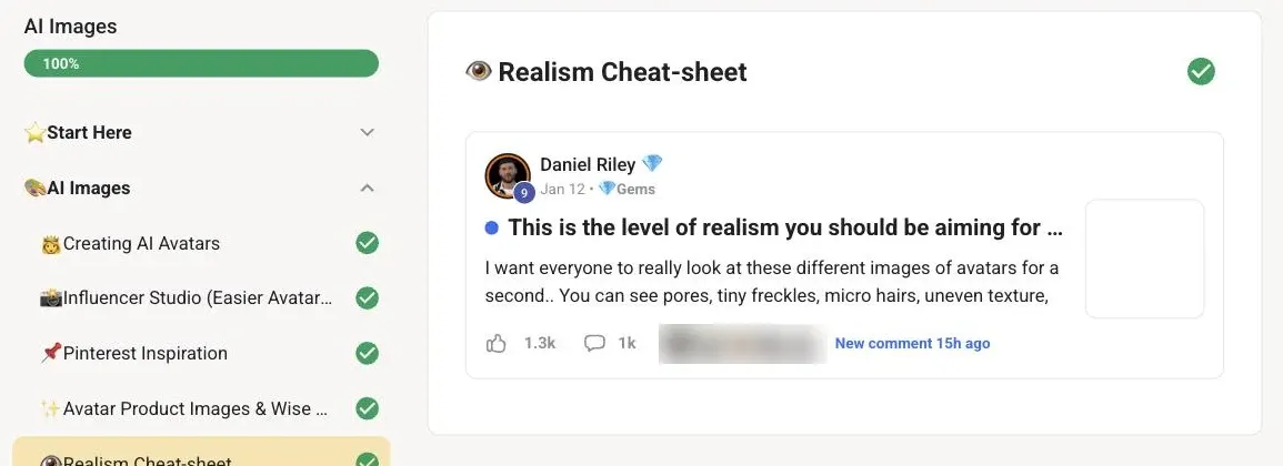 The Realism Cheat-sheet lesson in Phase 3: the lesson list ticked as complete, and Daniel Riley's post on the level of realism to aim for, with 1.3k likes and 1k comments