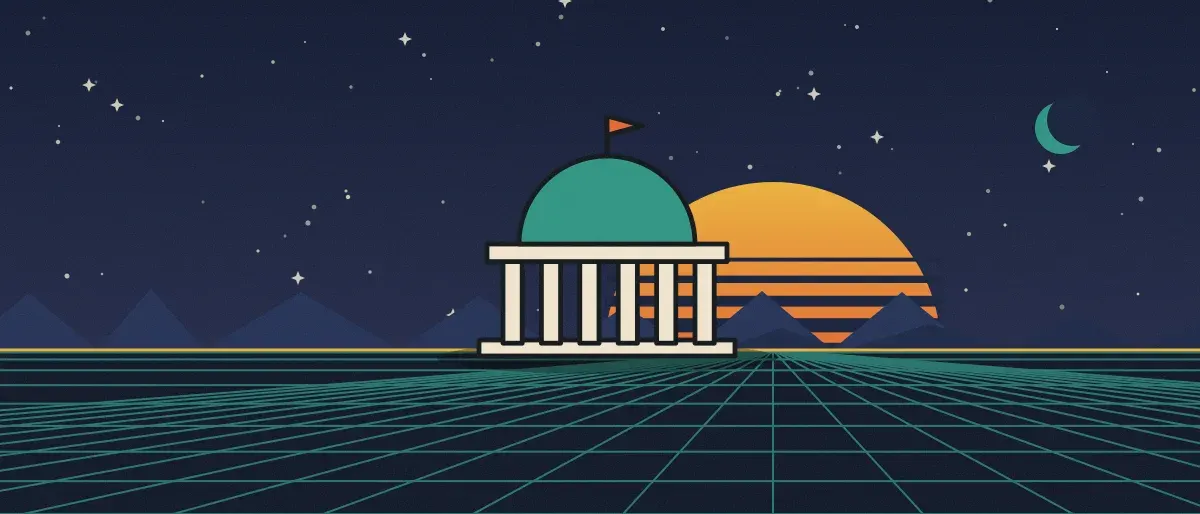 Ilustración retrofuturista: un atardecer a rayas sobre un horizonte de cuadrícula verde azulado bajo un cielo nocturno estrellado, con un edificio con cúpula y columnas en el horizonte.