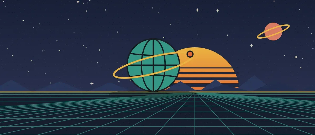 Ilustración retrofuturista: un atardecer a rayas sobre un horizonte de cuadrícula verde azulado bajo un cielo nocturno estrellado, con un globo con anillos en el horizonte.