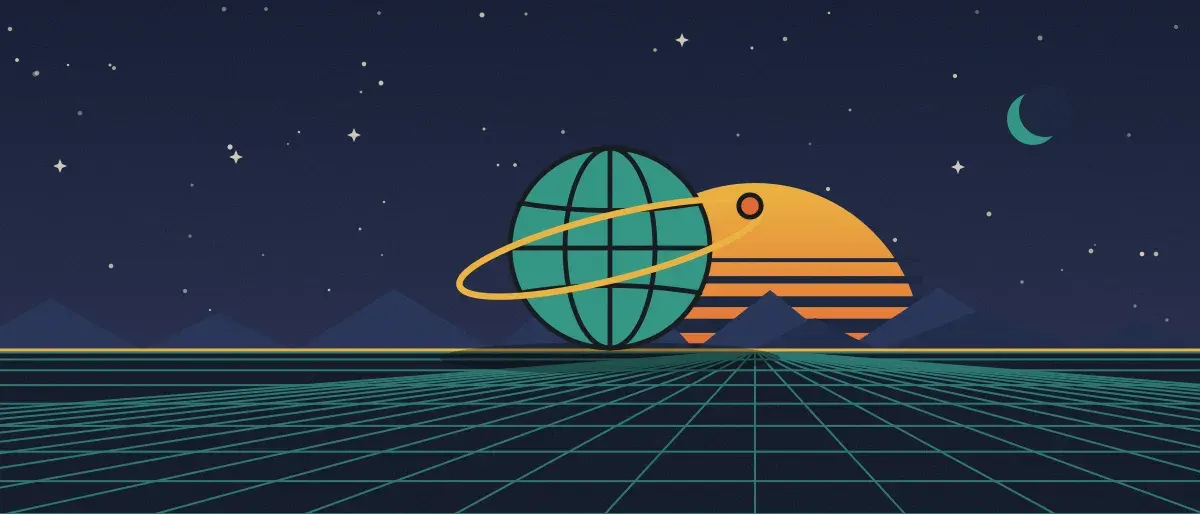 Ilustración retrofuturista: un atardecer a rayas sobre un horizonte de cuadrícula verde azulado bajo un cielo nocturno estrellado, con un globo con anillos en el horizonte.