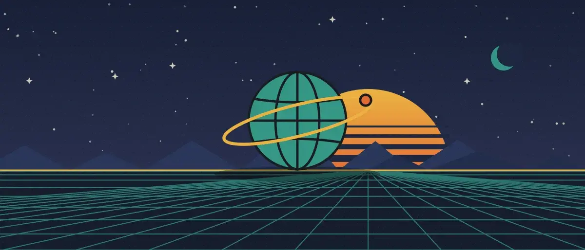 Ilustración retrofuturista: un atardecer a rayas sobre un horizonte de cuadrícula verde azulado bajo un cielo nocturno estrellado, con un globo con anillos en el horizonte.