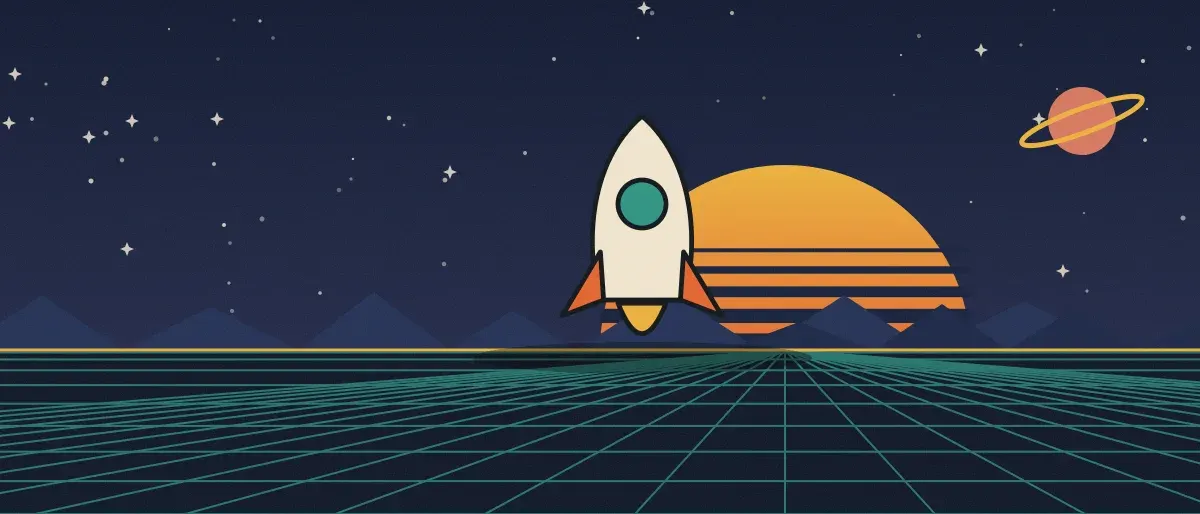 Ilustración retrofuturista: un atardecer a rayas sobre un horizonte de cuadrícula verde azulado bajo un cielo nocturno estrellado, con un cohete de pie en el horizonte.