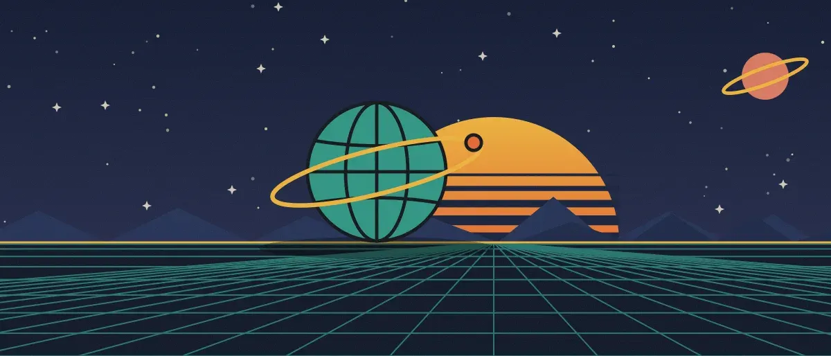 Ilustración retrofuturista: un atardecer a rayas sobre un horizonte de cuadrícula verde azulado bajo un cielo nocturno estrellado, con un globo con anillos en el horizonte.