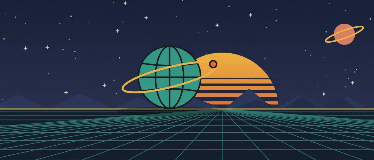Ilustración retrofuturista: un atardecer a rayas sobre un horizonte de cuadrícula verde azulado bajo un cielo nocturno estrellado, con un globo con anillos en el horizonte.