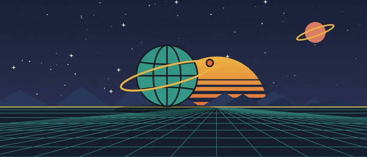 Retro-futurist illustration: a striped sunset over a teal grid horizon under a starry night sky, with a ringed globe standing on the horizon.