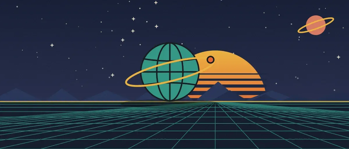 Ilustración retrofuturista: un atardecer a rayas sobre un horizonte de cuadrícula verde azulado bajo un cielo nocturno estrellado, con un globo con anillos en el horizonte.