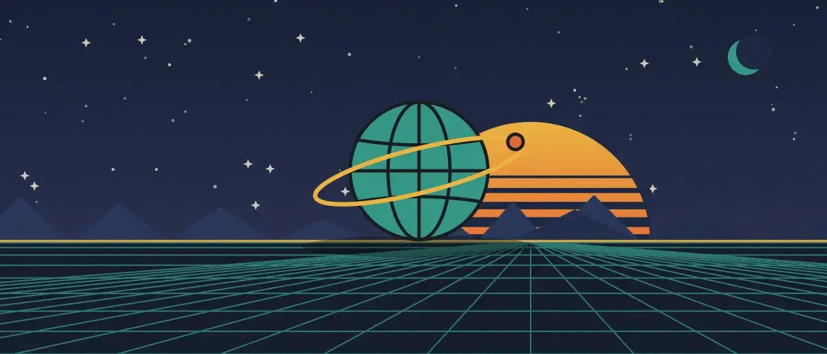 Retro-futurist illustration: a striped sunset over a teal grid horizon under a starry night sky, with a ringed globe standing on the horizon.