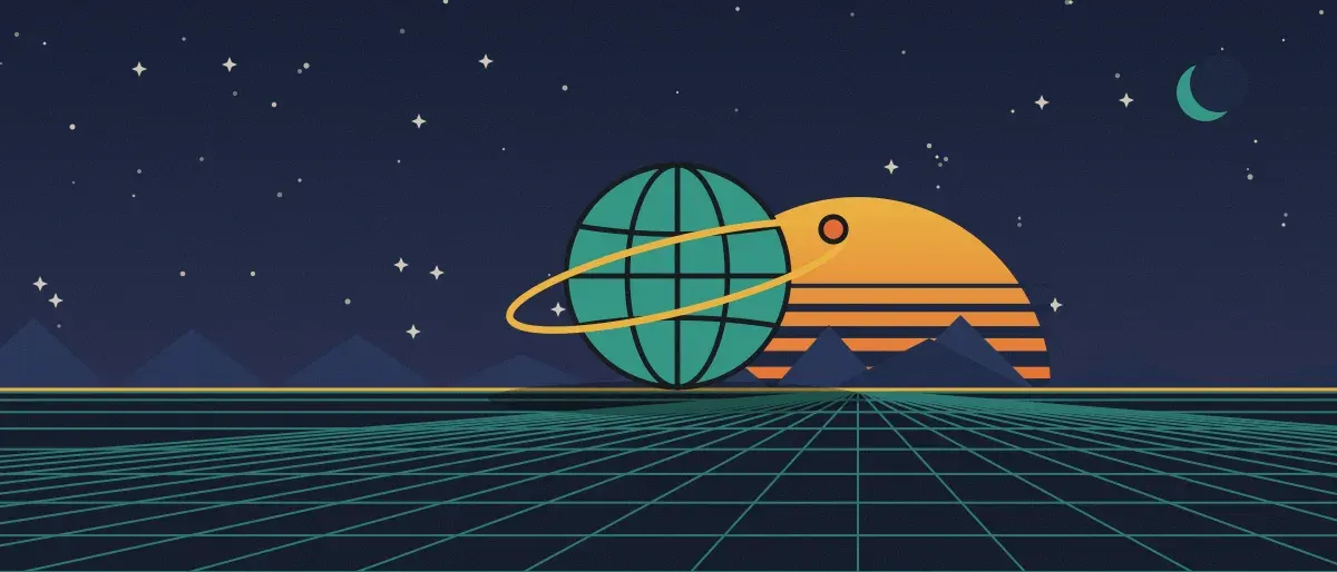 Ilustración retrofuturista: un atardecer a rayas sobre un horizonte de cuadrícula verde azulado bajo un cielo nocturno estrellado, con un globo con anillos en el horizonte.