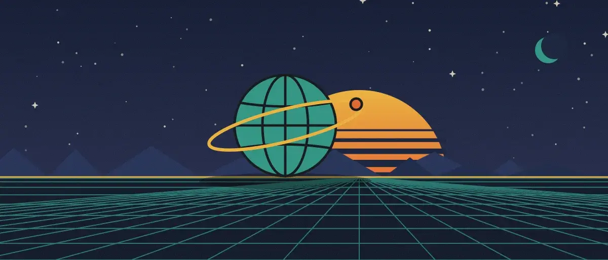 Retro-futurist illustration: a striped sunset over a teal grid horizon under a starry night sky, with a ringed globe standing on the horizon.