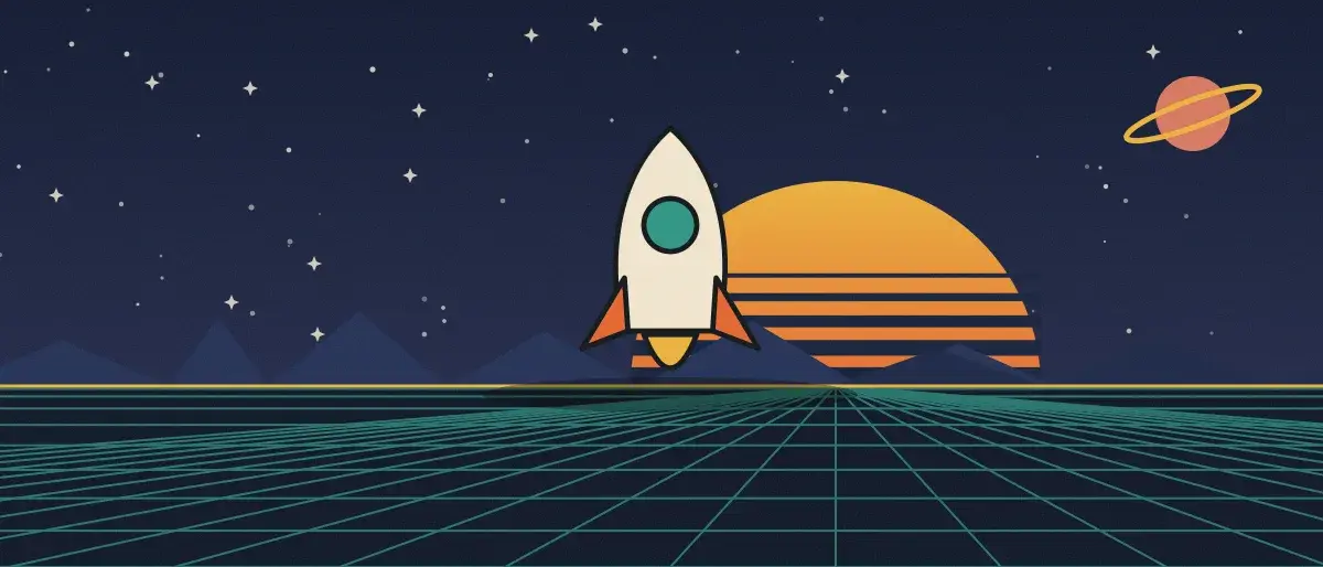 Ilustración retrofuturista: un atardecer a rayas sobre un horizonte de cuadrícula verde azulado bajo un cielo nocturno estrellado, con un cohete de pie en el horizonte.